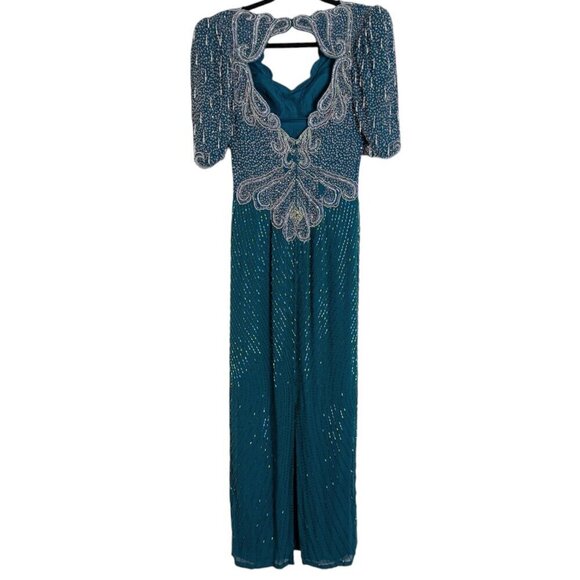 VTG Landa Teal Green Blue Silk Beaded Keyhole Back Maxi Dress Formal Glam - Picture 3 of 10